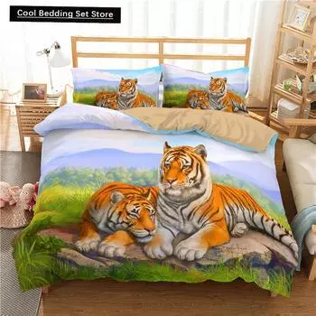 Комплект постельного белья с тигром 3D King Queen Full Twin Size Коричневый пододеяльник с изображением животных Джунгли Дикой Природы Покрывало из полиэстера US Queen(228x228cm)
