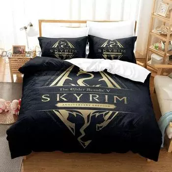 Комплект постельного белья Skyrim Single Twin Full Queen King Size Комплект постельного белья Aldult для мальчиков, пододеяльники, комплект простыней с 3D-принтом и аниме EU single(135x200cm)
