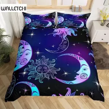 Комплект постельного белья «Солнце и Луна» размера King Size, фиолетовый, сиреневый, с изображением ловца снов, звезд, комплект постельного белья для детей, 2/3 предмета, покрывало в стиле «Богемия» EU single(135x200cm)