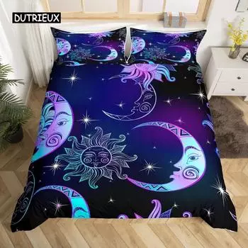 Комплект постельного белья «Солнце и Луна» размера King Size, фиолетовый, сиреневый, с изображением ловца снов, звезд, комплект постельного белья для детей, 2/3 предмета, покрывало в стиле «Богемия» EU single(135x200cm)