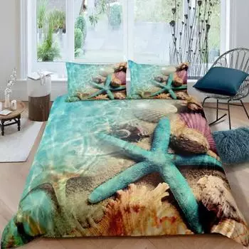Комплект постельного белья Starfish Summer Beach Seashell Starfish Twin Комплект постельного белья из полиэстера Hawaiian Tropical Nature Sea King Quilt Cover EU single(135x200cm)