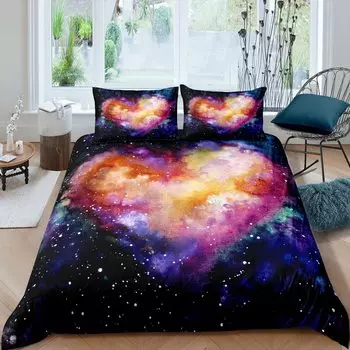 Комплект постельного белья Starry Sky с рисунком в форме сердца из полиэстера, пододеяльник King Queen Full Size для детей, мальчиков и девочек, комплект постельного белья EU single(135x200cm)