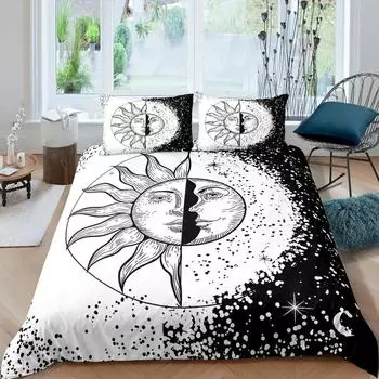 Комплект постельного белья Sun Moon из микрофибры Queen Bohemian Black And White Print Yin Yang Комплект постельного белья Galaxy Star Twin EU Single 135x200cm