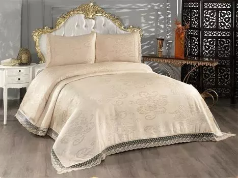 Комплект постельного белья Suzan из 3 предметов, Покрывало 250x250 см, Кружево, Двойной размер Бежевый