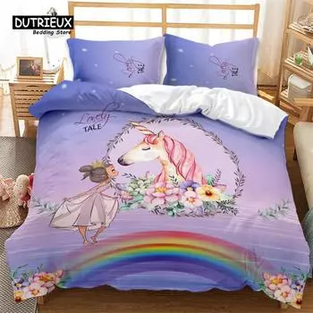 Комплект постельного белья Unicorn King Queen для детей, девочек и подростков, радужный цветочный ловец снов, пододеяльник из микрофибры, домашний текстиль EU single(135x200cm)