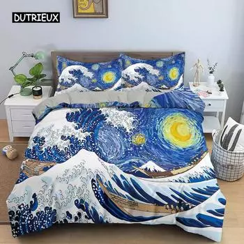 Комплект постельного белья Wave для детей, подростков, взрослых, размера King Size, абстрактный синий океан, комплект постельного белья из полиэстера с изображением волн и луны EU single(135x200cm)