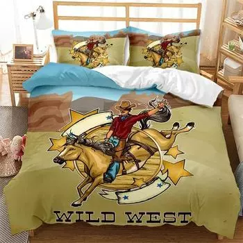 Комплект постельного белья Western Cowboy Single King Комплект постельного белья Wild West Themed Cowboy из микрофибры Rodeo Cowboy Верховая езда Лошадь Покрывало EU single(135x200cm)