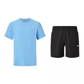 Комплект повседневной спортивной одежды унисекс с принтом логотипа Li Ning, круглым вырезом, свободными шортами с коротким рукавом и эластичной талией, ATSU919-3+AKSU789-3 L