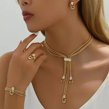 Комплект украшений Boho Vacation из 4 предметов, украшенный стеклом, роскошные свадебные аксессуары для вечеринки, в том числе ожерелье, браслет, серьги и кольцо золотистый