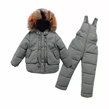 Комплекты детской одежды из 2 предметов, зимняя куртка с меховым капюшоном для девочек и мальчиков + комбинезон, костюм для маленьких детей, теплая одежда 90 розовый