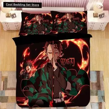 Комплекты постельного белья Demon Slayer, мультяшное одеяло, постельное белье для мальчиков и детей, односпальное, двуспальное, мягкое постельное белье, домашний декор, пододеяльники в стиле аниме 150x200cm 3pcs