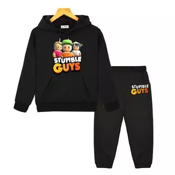 Комплекты с капюшоном Stumble Guys для мальчиков и девочек, осенняя флисовая толстовка с капюшоном в стиле аниме, пуловер из 2 предметов + брюки, повседневная куртка, детская бутиковая одежда 130