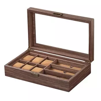 KON Glasses Box Case Watch Case Luxury Storage Box Wristwatch Sunglasses Glasses Heavy Glass Top Display Interior Collection Case 6+3 Wood Grain Brown