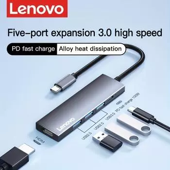 Концентратор Lenovo-5 в 1 USB C с 4K HDMI, подача питания 100 Вт, 3 порта USB-A, многопортовый адаптер для MacBook Pro и Air S705 S705 серый