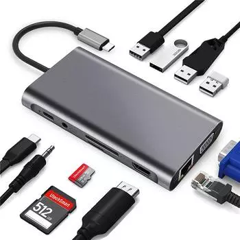 Концентратор USB 3.0 11-в-1 Многопортовый адаптер Type-C Совместимый с Hd-mi 4k USB C на VGA 4 порта USB 100 м серый
