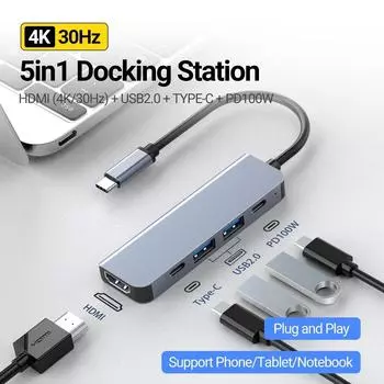 Концентратор USB 3.0 5-в-1 Концентратор типа C с портом USB-C с питанием PD 100 Вт, зарядка HDMI 4K, 30 Гц для MacBook Mac Pro iMac XPS ПК