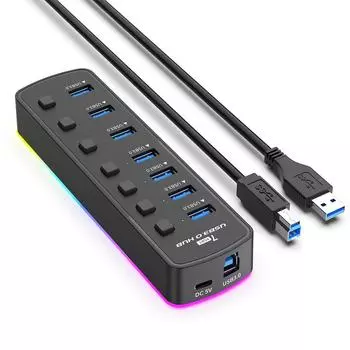 Концентратор USB 3.0 RGB с 7 портами и независимыми переключателями для подключения к компьютеру разноцветный