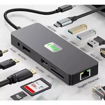 Концентратор USB C 11-в-1, тот же экран/другой дисплей, адаптер USB C для MacBook Pro/Air, HDTV 4K60 Гц/DP HD/VGA/аудио3,5 мм/PD 100 Вт * 11 in 1