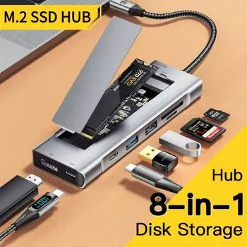 Концентратор USB C 3.0 8-в-1 с функцией хранения на диске USB Type-c и HDMI-совместимая док-станция для ноутбука для Macbook Pro Air M.2 SSD-накопитель Sata на SSD