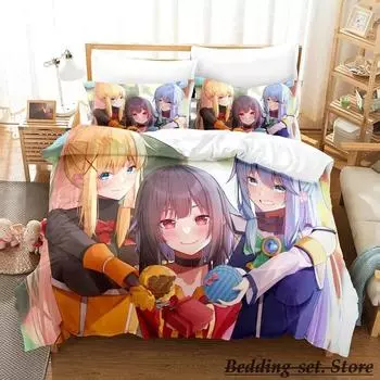 KonoSuba Комплект постельного белья из трех предметов с рисунком аниме для взрослых и детей, комплект пододеяльников 3D Kawaii Girls lit 2 personnes 70x133cm 2pcs