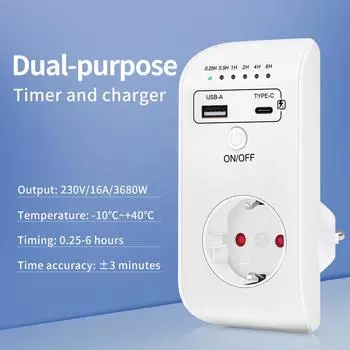 Контроллер розетки Smart Timing, автоматическое отключение питания, программируемый таймер обратного отсчета, переключатель, зарядное устройство 230 В с USB Type-C