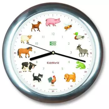 [KOOKOO] Настенные часы Kids World хромированного цвета с голосами животных. 12 различных животных на ферме показывают время.