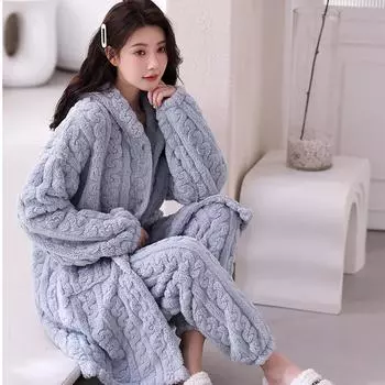 Коралловый флис с капюшоном, теплый комплект домашней одежды, новая одежда для сна, ночная рубашка осень-зима, фланелевая интимная одежда, ночное белье, штаны для сна M