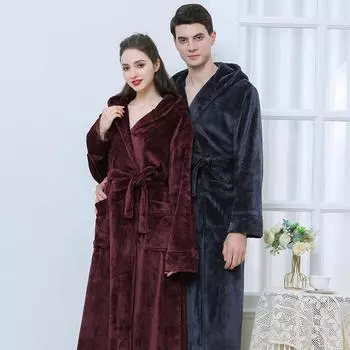 Коралловый флисовый халат с капюшоном, зимний толстый фланелевый длинный халат для пары, пижамы, теплое нижнее белье, свободная домашняя одежда, одежда для отдыха M
