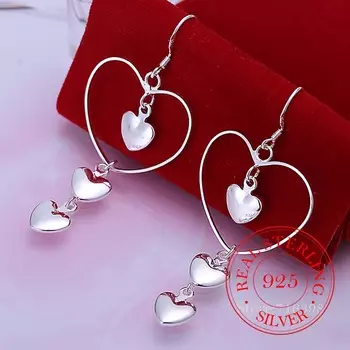 Korean 925 Sterling Silver Romantic 3 Solid Heart Vintage Long Tassel Dangle Earrings For Women Engagement Wedding Jewelry