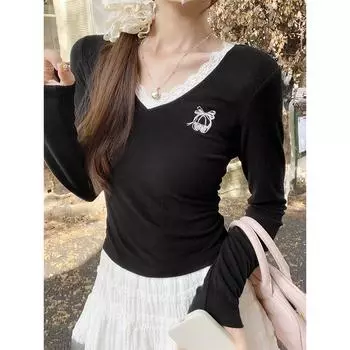 Korean black lace V-neck long-sleeved T-shirt for women in early autumn pure desire slimming bottoming shirt niche hot girl top S