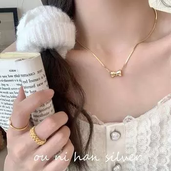 Korean Bow Design Clavicle Necklace - High-End Snake Bone Chain for Women X1595 золотой