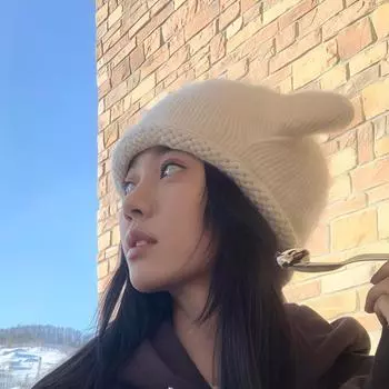 Korean Cute Beige Cat Ear Knitted Hat Lovely Autumn Winter Warm Hat Knitting Skiing Cap For Girls Christmas Gifts one size