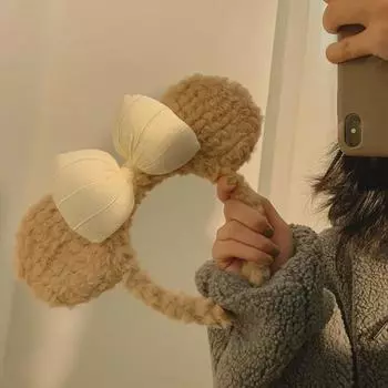 Korean Cute Cartoon Plush Bow Bear Ears Headband for Girls - Autumn/Winter