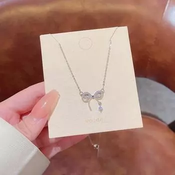 Korean Double-Layer Titanium Steel Bow Necklace with Zircon
