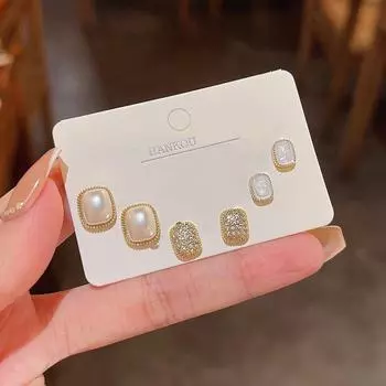 Korean Geometric Zircon S925 Silver Earrings Set E5216 золотой
