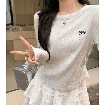 Korean gray embroidered round neck brushed thickened long-sleeved bottoming shirt for women in autumn and winter layered pleated slim-fitting top S