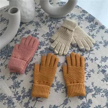 Korean Ins Winter Warm Student Knitted Thickened Velvet Cycling Color Matching Cold-proof Five-finger Touch Screen Gloves for Women One size