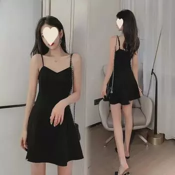 Korean Off-Shoulder V-Neck Slim A-Line Little Black Dress for Women Extra Large