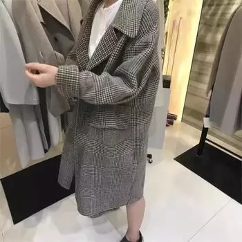 Korean Retro Houndstooth Lapel Wool Coat Small