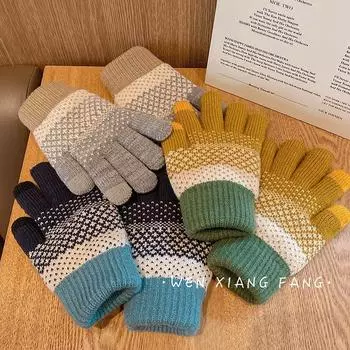Korean Retro Warm Gloves for Female Students In Winter with Touch Screen Five-finger Plus Velvet and Thickening, Cute Bicycling Couple s Fingers average size