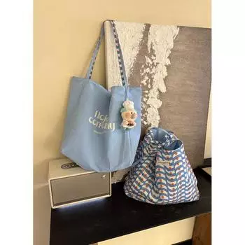 Korean Series Blue Plaid Double-sided Canvas Bag Women 2025 New Large Capacity Shoulder Tote Bag Commuting Underarm Bag Blue