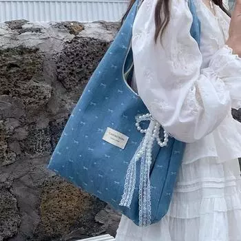 Korean Series Denim Blue Bow Canvas Bag Women s Large Capacity Lazy Loose Feeling Tong Qin Single Shoulder Tote Bag Dark blue [without ornaments]]