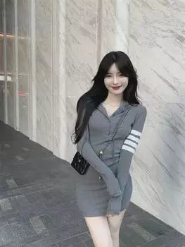 Korean Slim-Fit Hooded Long-Sleeve Spring Dress for Women Medium