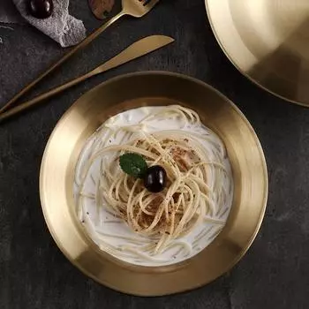 Korean stainless steel crayfish pot thickened straw hat round plate vegetable plate soup plate deep plate pasta salad plate
