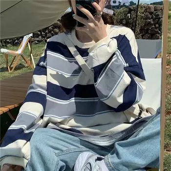 Korean Striped T-shirt Women s Loose and Versatile New Spring and Autumn Mid-length Long-sleeved Top M
