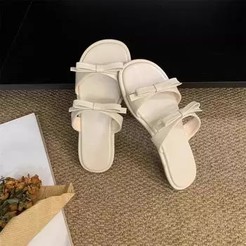 Korean Style Flat Bottom Bowknot Women s Shoes 2024 Summer New Fashion Comfort Beach Slippers Women sandals Zapatos De Mujer 35 бежевый