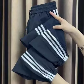 Korean Style Ice Silk Quick-Drying Sweat pants Women Summer Color Stripes Contrast Color Lightweight Breathable Slimming Capri Casual Harem Pants Black XL