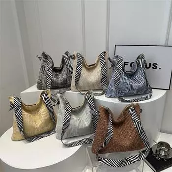 Korean Style Ins Straw Woven Bag New Hand-woven Underarm Bag Casual Navy Blue Bag with Hand-woven Bag