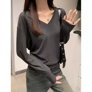 Korean style lazy and relaxed wear V-neck collarbone exposed long-sleeved T-shirt for women in autumn with waist-tie inner layering top S