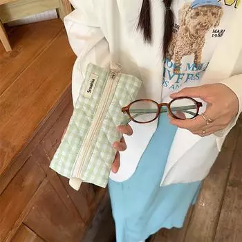 Korean Style Plaid Pen Bag Large Capacity Stationery Storage Bag Stationary Cloth Box Office розовый
